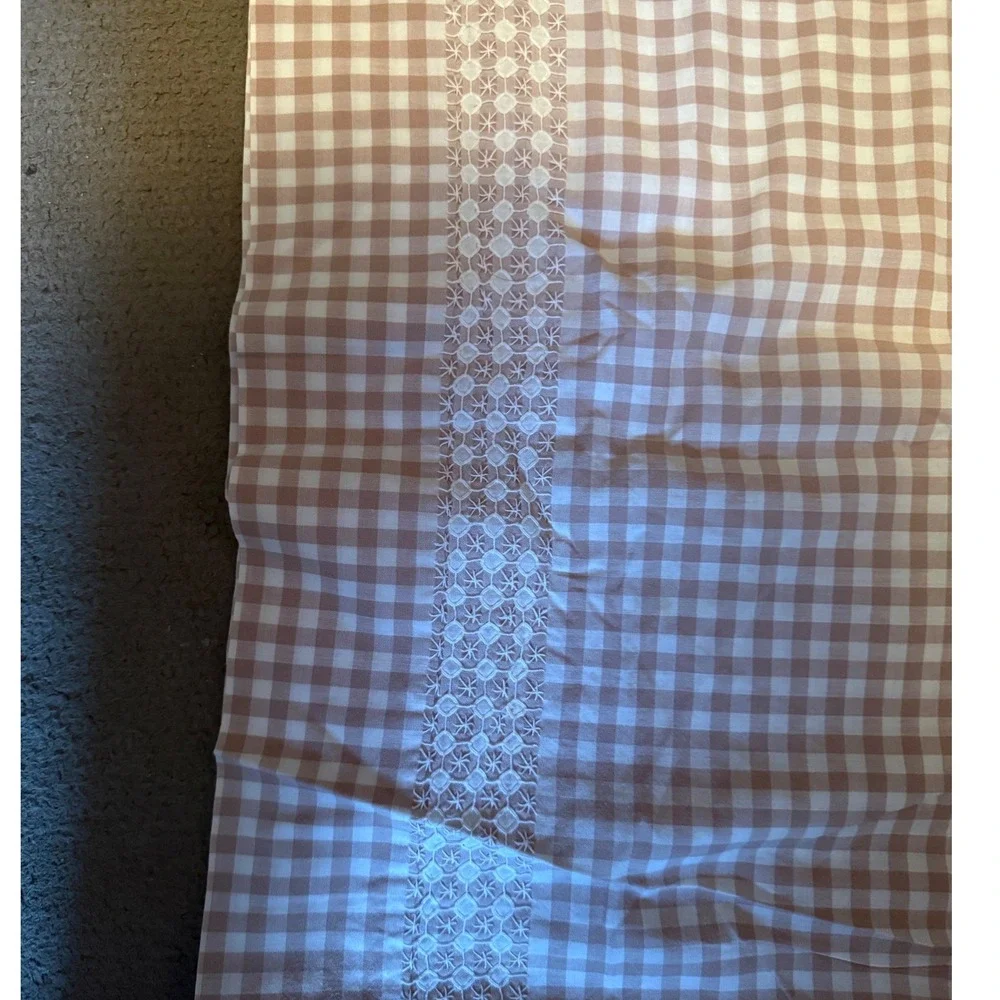 Vintage Gingham Check Pillowcase‎ Tan White Eyelet Lace Trim Farmhouse Cottage